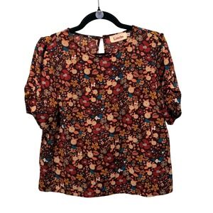 Louche London Zipporah Floral Puff Sleeve Blouse Burgundy Orange Women Size 10